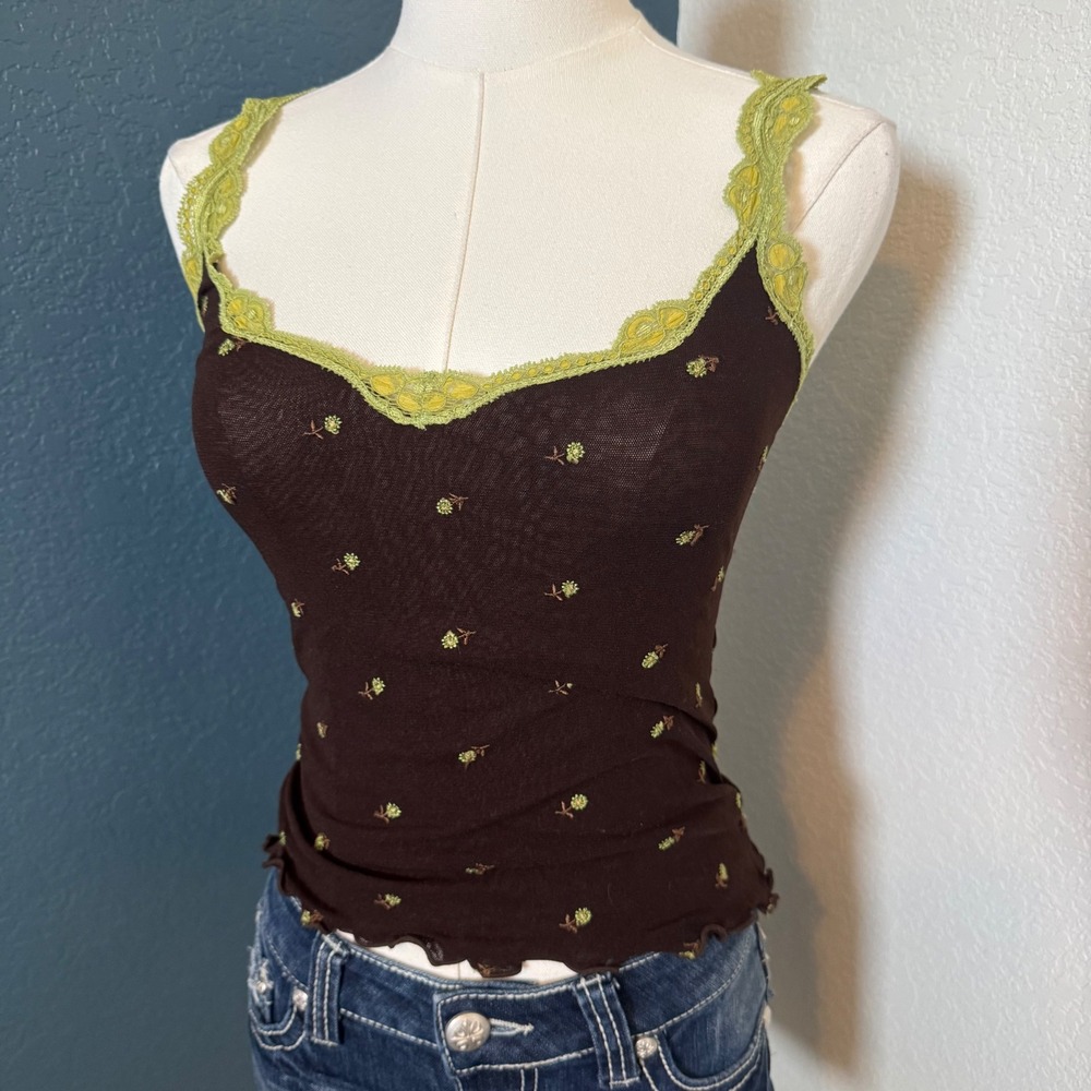 Y2K Lettuce Hem Mesh Fairycore On Gossamer Tank Medium Brown